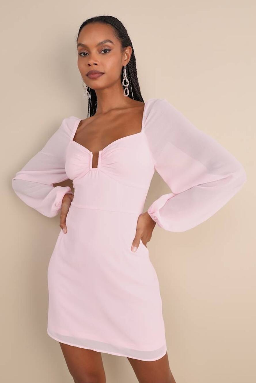 NWT Lulus Flirtatious Designs Light Pink Chiffon Balloon Sleeve Mini Dress Sz S